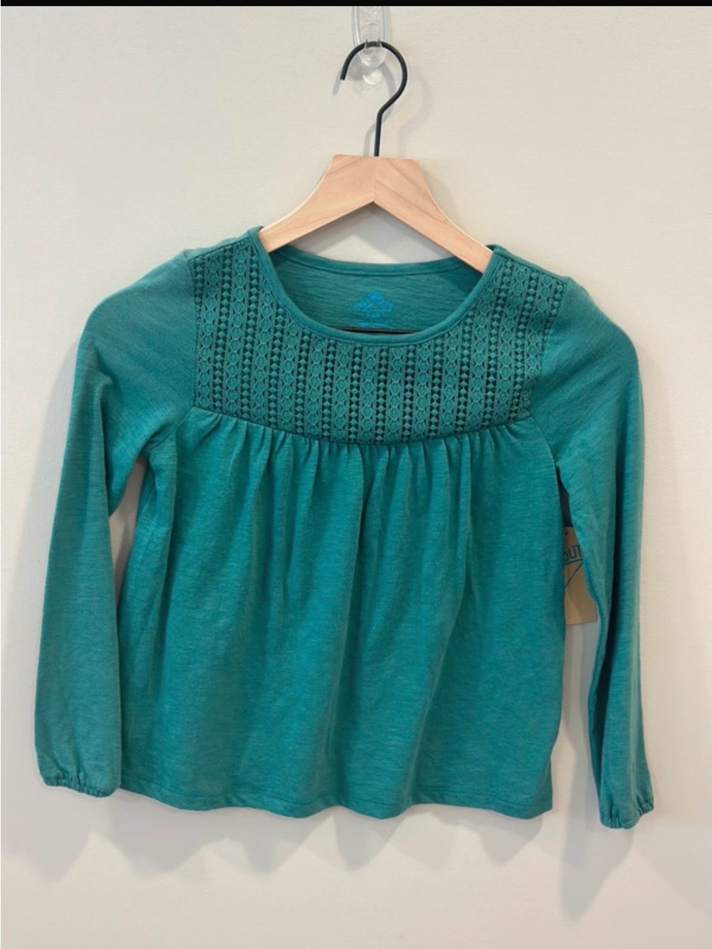 Girls' Teal Long-Sleeve Crochet Yoke Tee